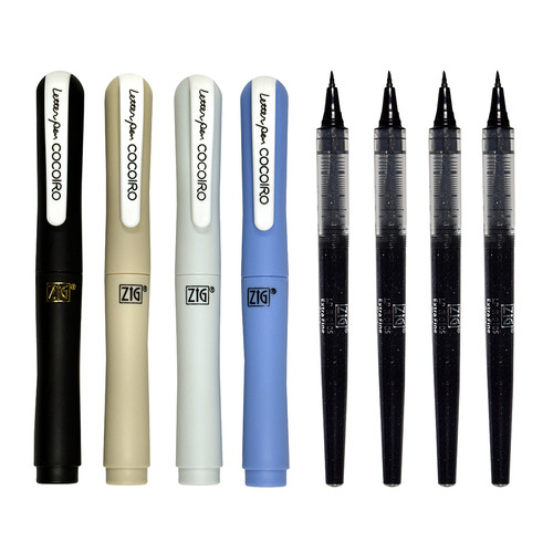 Zig Cocoiro Lettering Pen muted winter color 4 pack set of bodies and extra fine flex black ink refills
