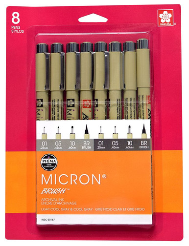 Sakura Gray Pigma Micron Set 10, 8 Pens