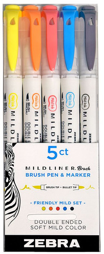 Zebra Mildliner Double-Ended Brush Pen Set of 5- Friendly Colors