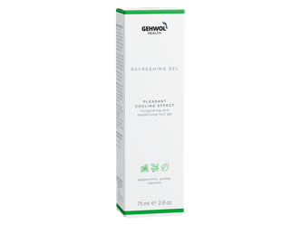 GEHWOL Refreshing Gel with peppermint oil, menthol, urea, and glycerin to cool tired feet in a packaging box