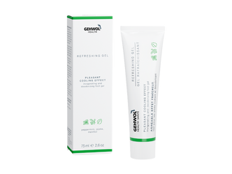 GEHWOL Refreshing Gel 75ml with peppermint oil, menthol, urea, and glycerin to cool tired feet, provide instant comfort, deeply hydrate, and help maintain long-lasting freshness without a greasy residue