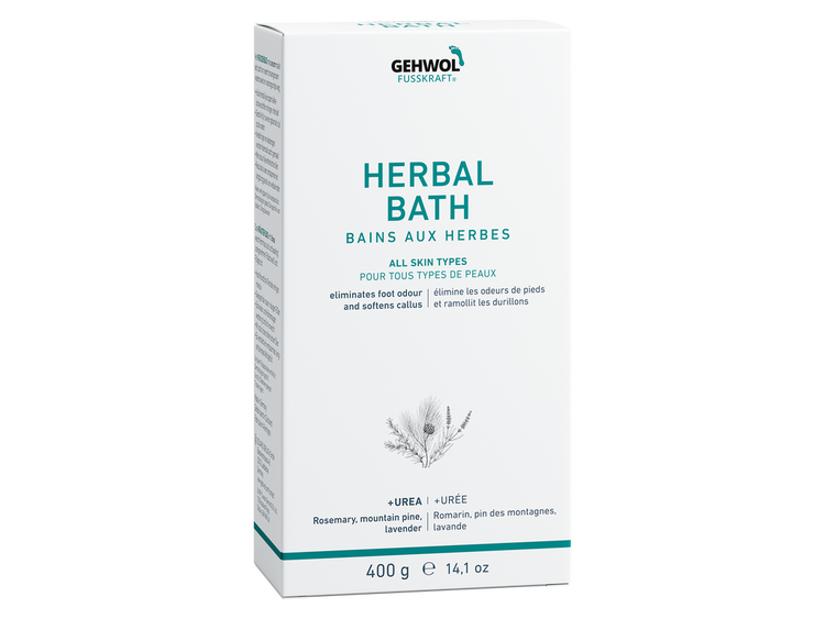 GEHWOL Fusskraft Herbal Bath 400g to cleanse and soften calluses while refreshing feet with a rejuvenating aromatic blend