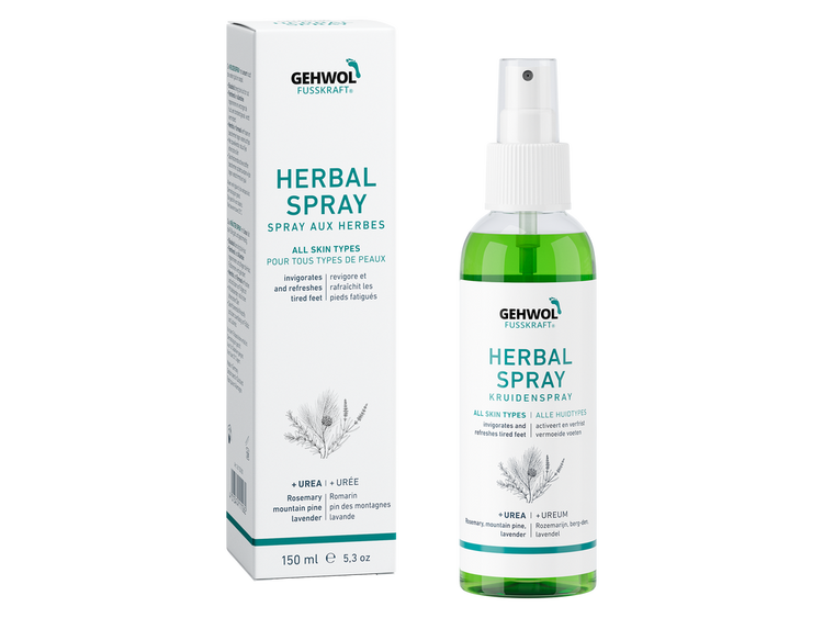 GEHWOL Fusskraft Herbal Spray 150ml to refresh feet, prevent odor, and nourish skin for a smooth, revitalized feel.