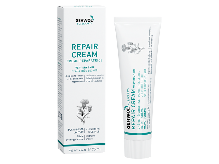 GEHWOL Fusskraft Repair Cream 75ml to nourish very dry, stressed, and damaged skin, strengthen the skin barrier, and revitalize feet without greasiness