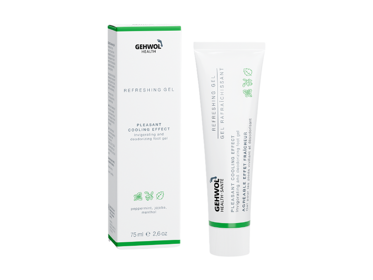 GEHWOL Refreshing Gel 75ml with peppermint oil, menthol, urea, and glycerin to cool tired feet, provide instant comfort, deeply hydrate, and help maintain long-lasting freshness without a greasy residue