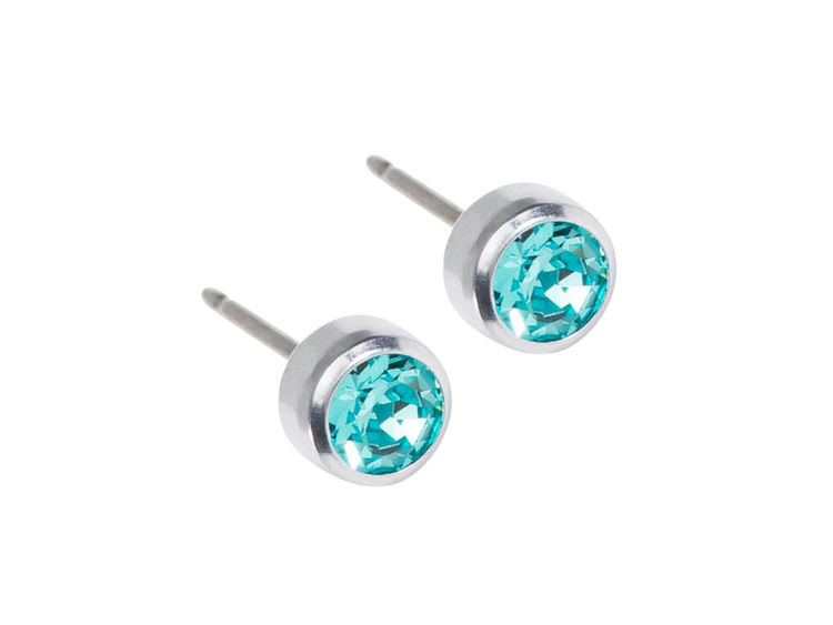 Silver Titanium Bezel Turquoise Crystal Stud Earrings - 8Case - 5mm