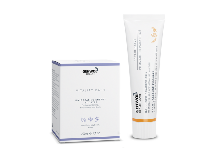 GEHWOL Health Vitality Bath to soften calluses and refresh feet, paired with GEHWOL Health Repair Salve to heal cracked heels and restore skin elasticity
