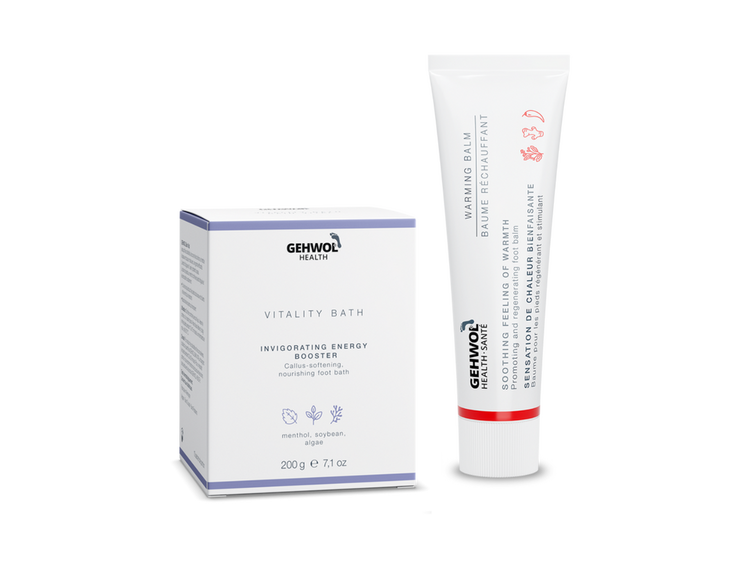 GEHWOL Health Vitality Bath to soften calluses and refresh feet, paired with GEHWOL Health Warming Balm to stimulate circulation, provide soothing warmth, and revive tired feet