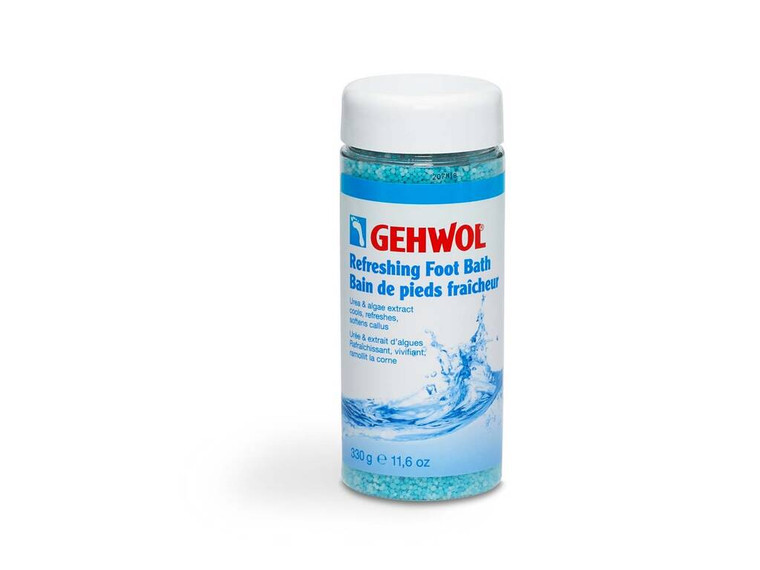 GEHWOL Refreshing Foot Bath to invigorate tired feet, soften calluses, cool with menthol, and restore skin moisture.