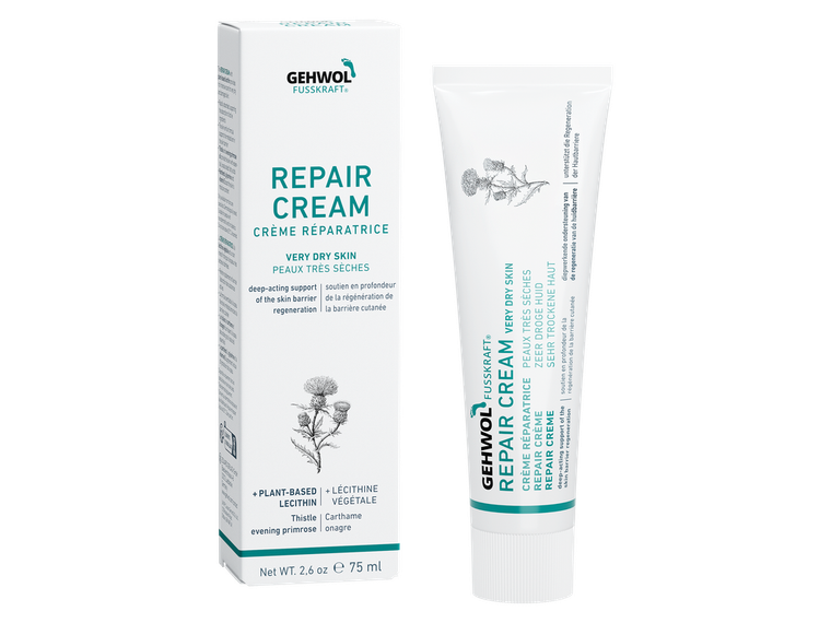 GEHWOL Fusskraft Repair Cream 75ml to nourish very dry, stressed, and damaged skin, strengthen the skin barrier, and revitalize feet without greasiness