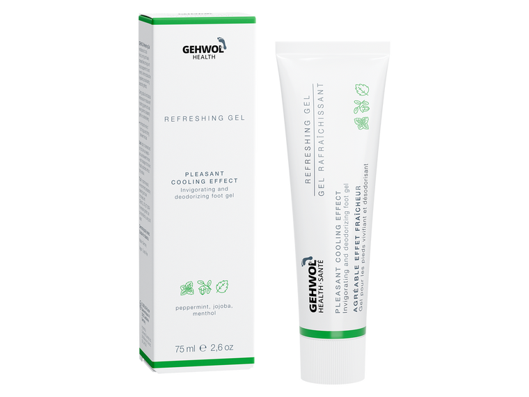 GEHWOL Refreshing Gel to cool and revitalize tired feet and legs, hydrate with glycerin and urea, and leave skin nourished without residue.