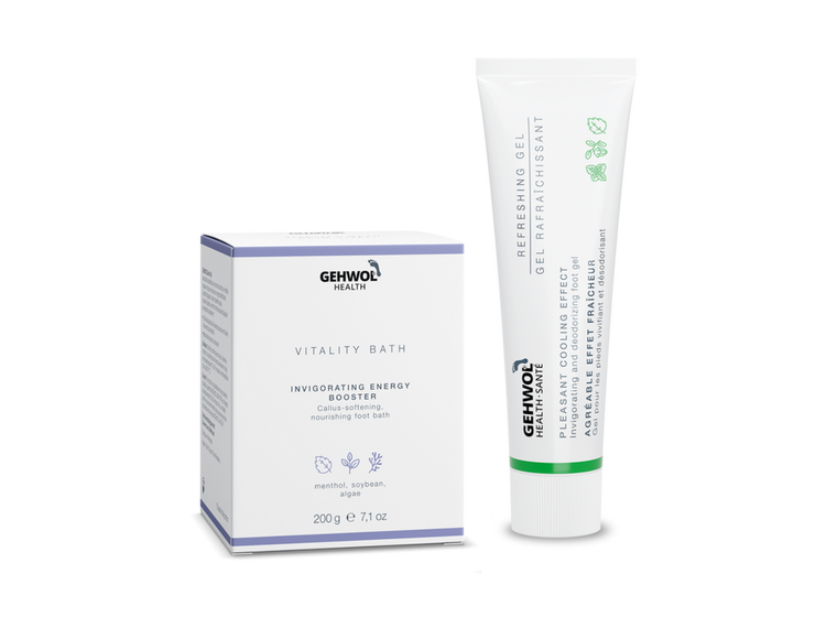 GEHWOL Health Vitality Bath to soften calluses and hydrate feet, paired with GEHWOL Health Refreshing Gel for cooling and comfort feet