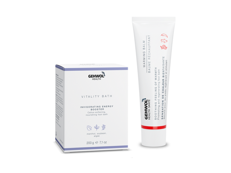 GEHWOL Health Vitality Bath to soften calluses and refresh feet, paired with GEHWOL Health Warming Balm to stimulate circulation, provide soothing warmth, and revive tired feet