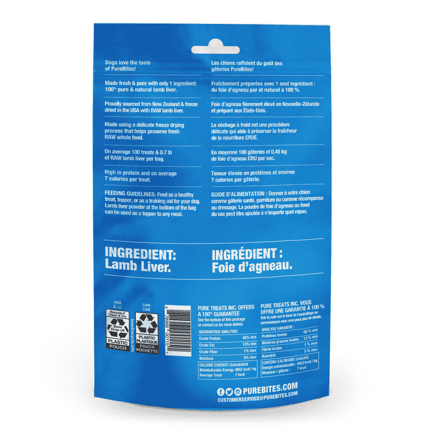 PureBites Freeze Dried Dog Treats - Lamb Liver - 45g