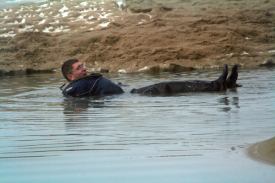 Testing a drysuit in the icy water