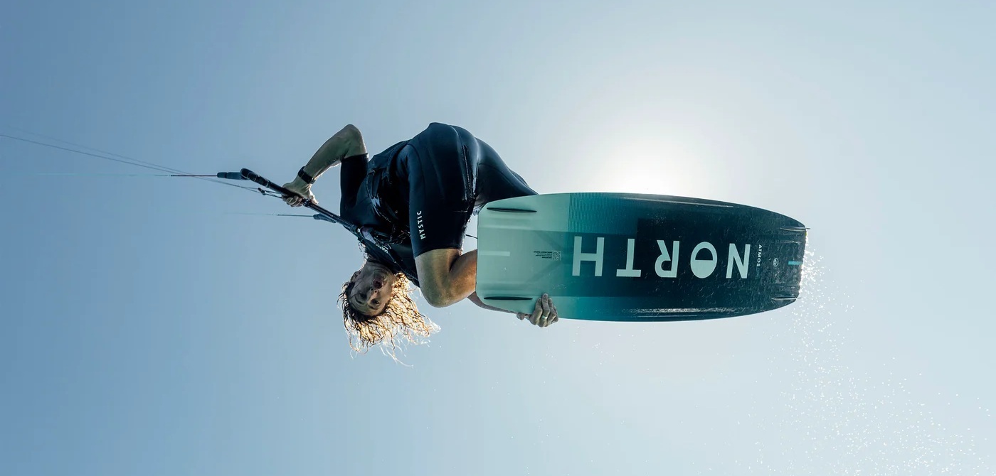 Shredding on the North Atmos Pro 2026 twintip kiteboard.