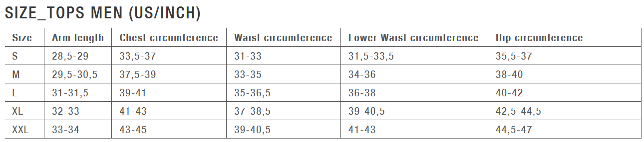 Ion Mens Tops Size Chart