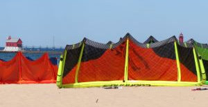 Kiteboarding kites on the beach