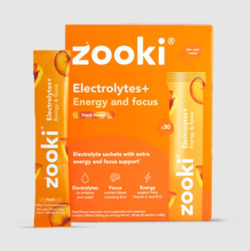 Zooki Electrolytes+ Energy & Focus, Peach Flavour 30 Sachets