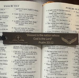 'Blessed is the nation whose God is the Lord' Leather Bookmark – Christian Bible Verse Gift | God Family Country"