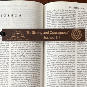 'Be Strong and Courageous' Leather Bookmark – Christian Bible Verse Gift | God Family Country"