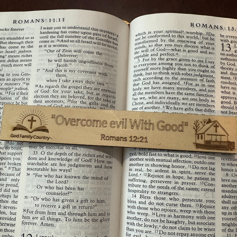 'Overcome evil With Good' Wooden Bookmark – Christian Bible Verse Gift | God Family Country"