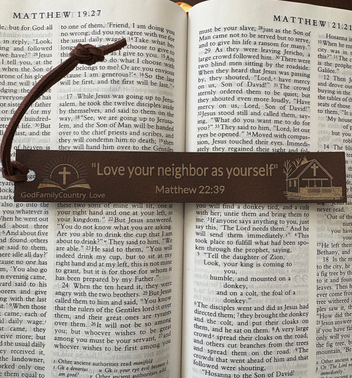 'Love your neighbor as yourself.' Leather Bookmark – Christian Bible Verse Gift | God Family Country"