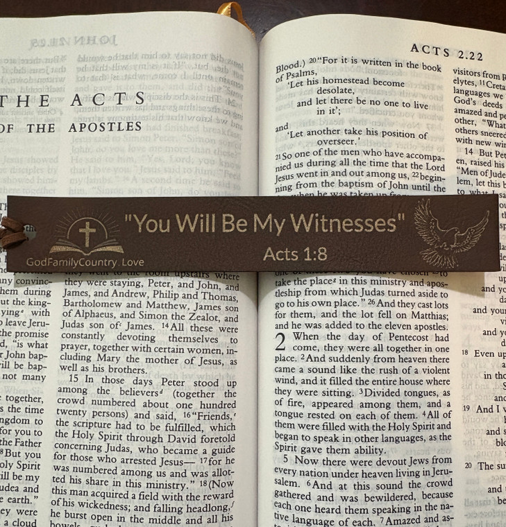 'You Will Be My Witnesses' Leather Bookmark – Christian Bible Verse Gift | God Family Country"