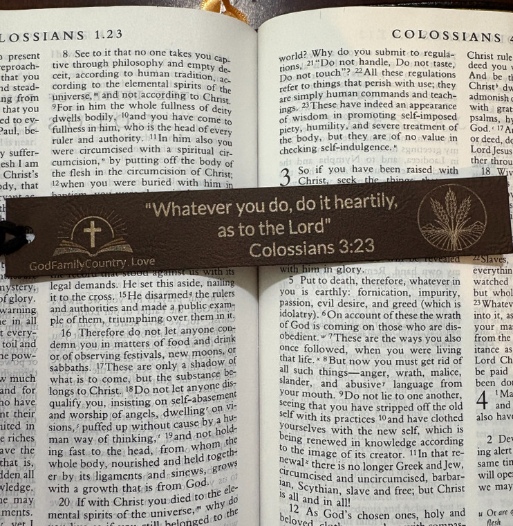 'Whatever you do, do it heartily, as to the Lord' Leather Bookmark – Christian Bible Verse Gift | God Family Country"
