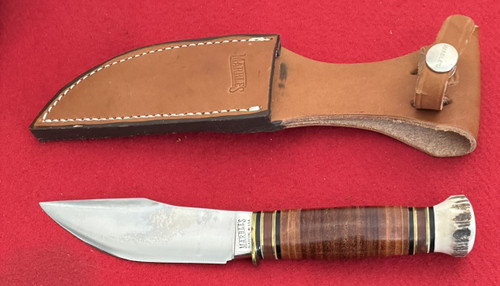 Marbles  Woodcraft Fixed Blade KnifeLeather Handle, Stag Butt Cap,  Sheath