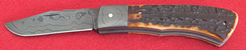 Chuck Hawes Custom Folding Knife, Damascus,Jigged Bone