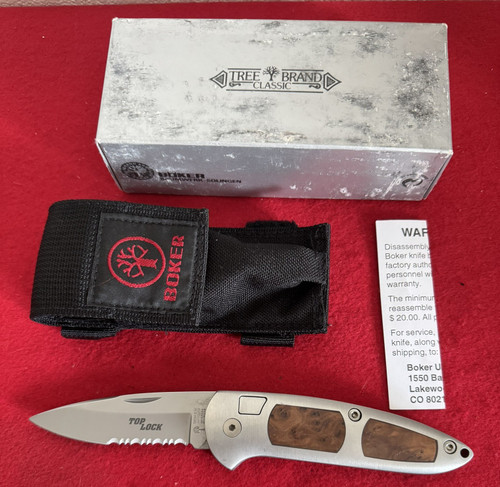 Boker Top Lock Automatic Knife, Burl Wood, Serrated, 703