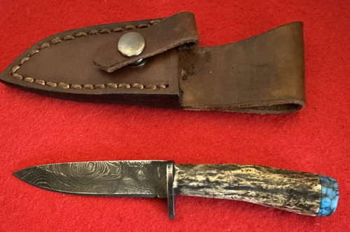 Alabama Damascus Fixed Blade Knife by OZ, Elk, Turquoise