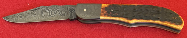Chuck Hawes Custom Folding Hunter Knife, Damascus,Jigged Bone