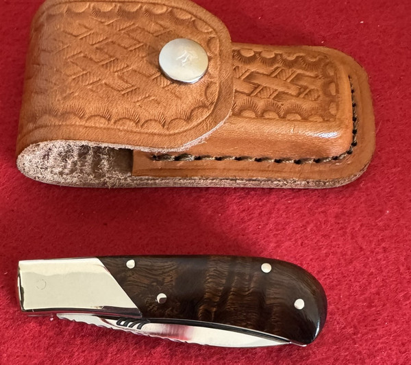 KB Custom Lock Back Folding Knife, Burl Wood, Belt Sheath