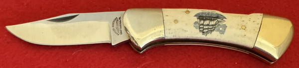 PARKER BROTHERS BONE HANDLE SCRIMSHAW  SHIP,  GUNBOAT CANOE POCKET  KNIFE, JAPAN