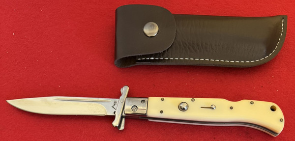 AKC World 11" Simulated Ivory Lock Back Automatic Swinguard, Polished Drop Point
