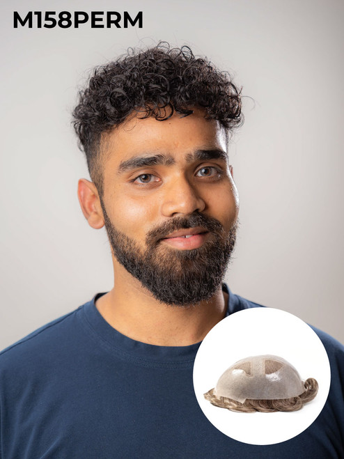 M158 Mens Toupee Human Hair Skin Base French Lace Top Permed Wavy