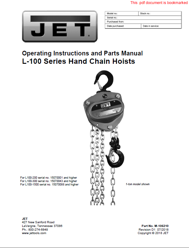 Jet L-100 Series Hand Chain Hoist Manual JETL-100_Man