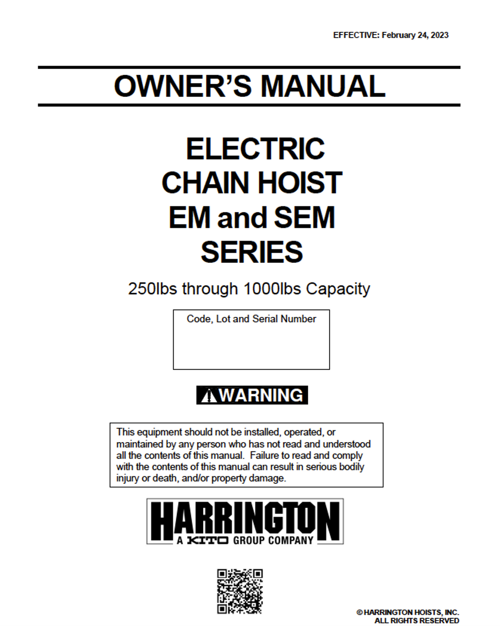 Harrington EM/SEM Mini Electric Chain Hoist Manual Rev 223