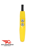 "Easily control your crane or hoist with the Budgit Push Button- 2 Speed, 2 Button, Yellow 36800Y. Durable and responsive buttons for precise operation."