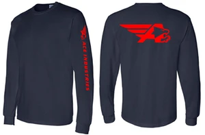 Navy blue long sleeve shirt with the horizontal Ace logo printed in red on the arm and the logomark printed full width on the back.