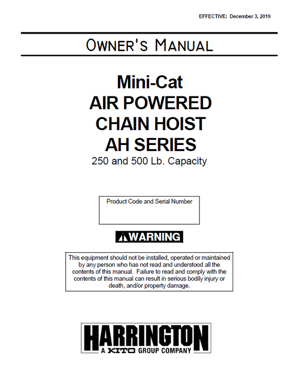 Harringtion Mini-Cat AH Series Air Hoist Manual