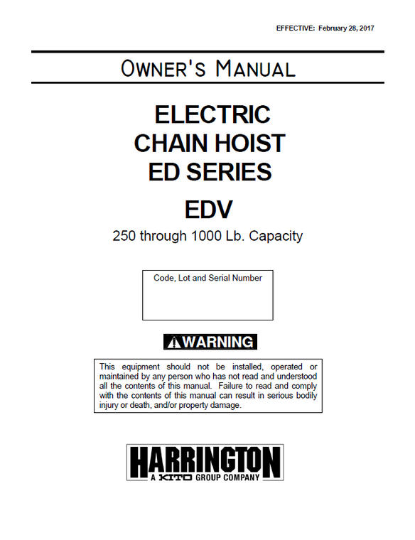 Harrington EDV Series Electric Chain Hoist Manual