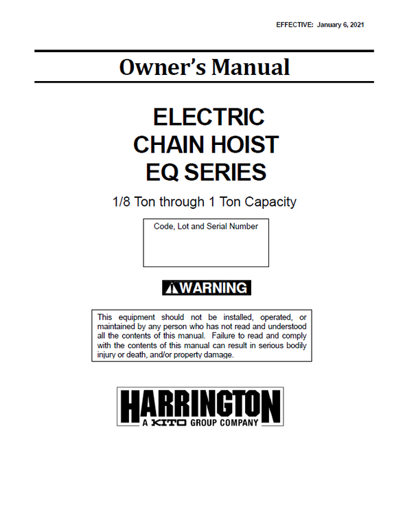 Harrington EQ Series Electric Chain Hoist Manual