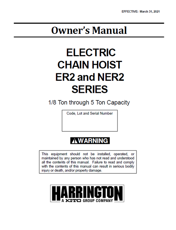 Harrington ER2 & NER2 Series Electric Chain Hoist Manual