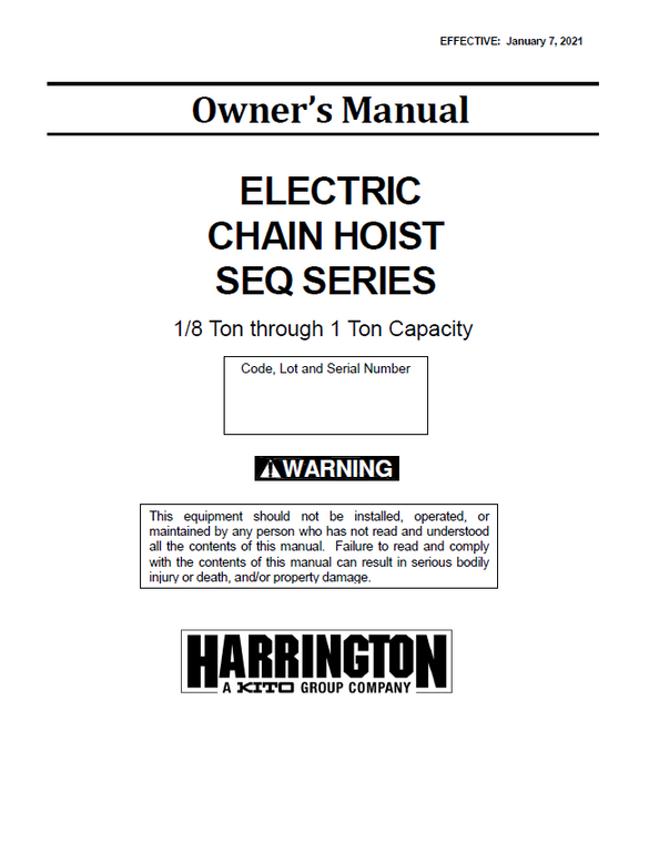 Harrington SEQ Series Electric Chain Hoist Manual