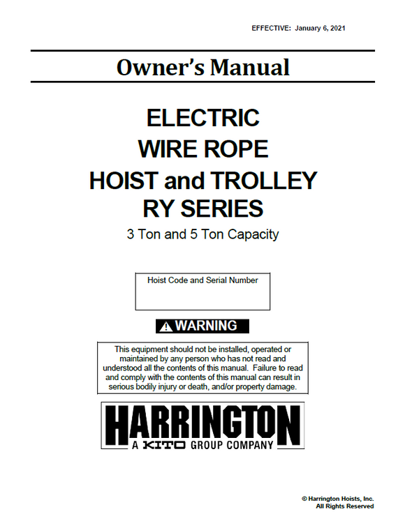 Harrington RY Series- 3 to 5  Ton Wire Rope Hoist & Trolley Manual
