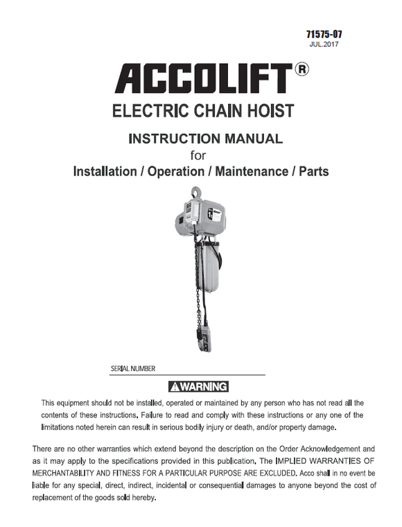 Accolift Electric Chain Hoist Manual