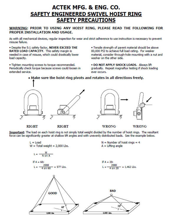 Actek Safety Swivel Hoist Ring Manual
